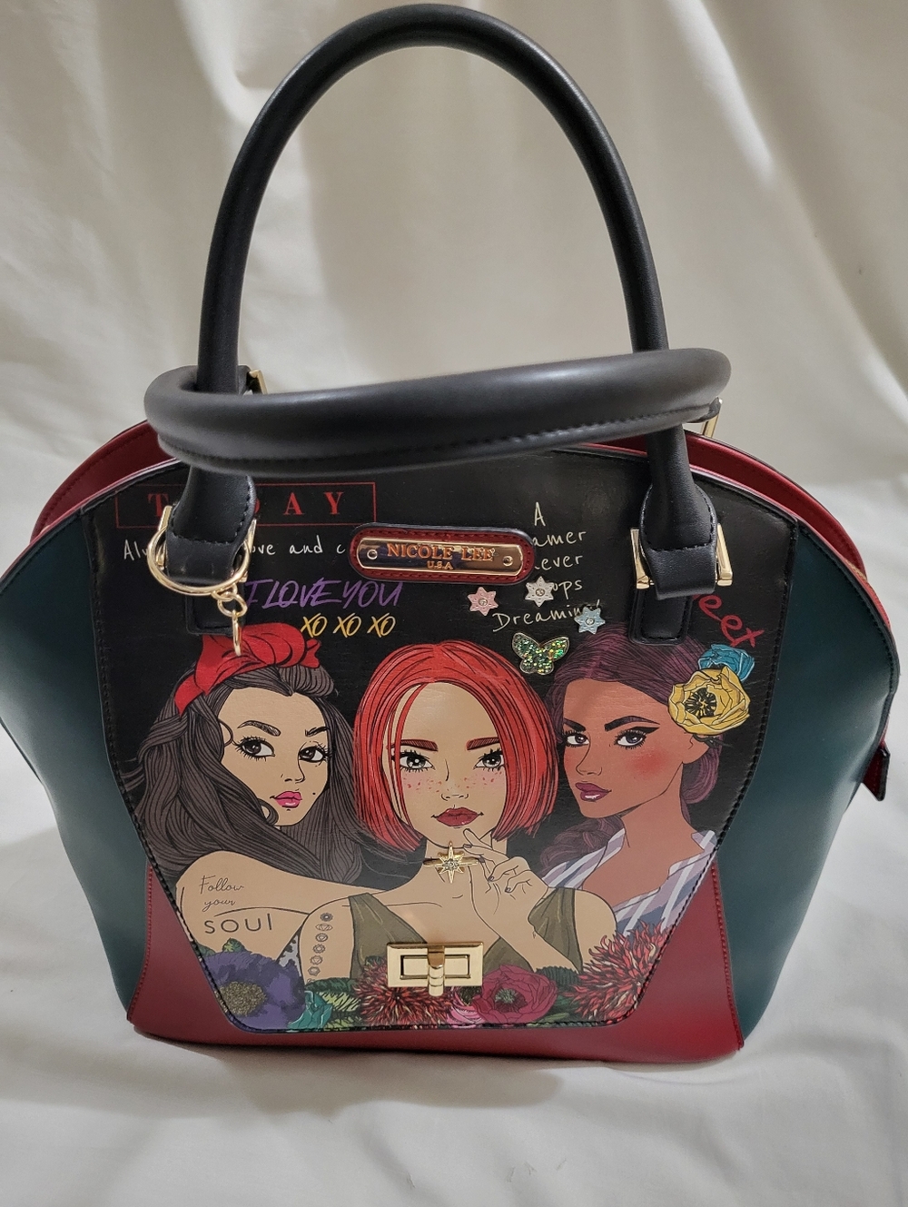 NWOT. Nicole Lee Red, Teal & Black Illustrated Dome Satchel